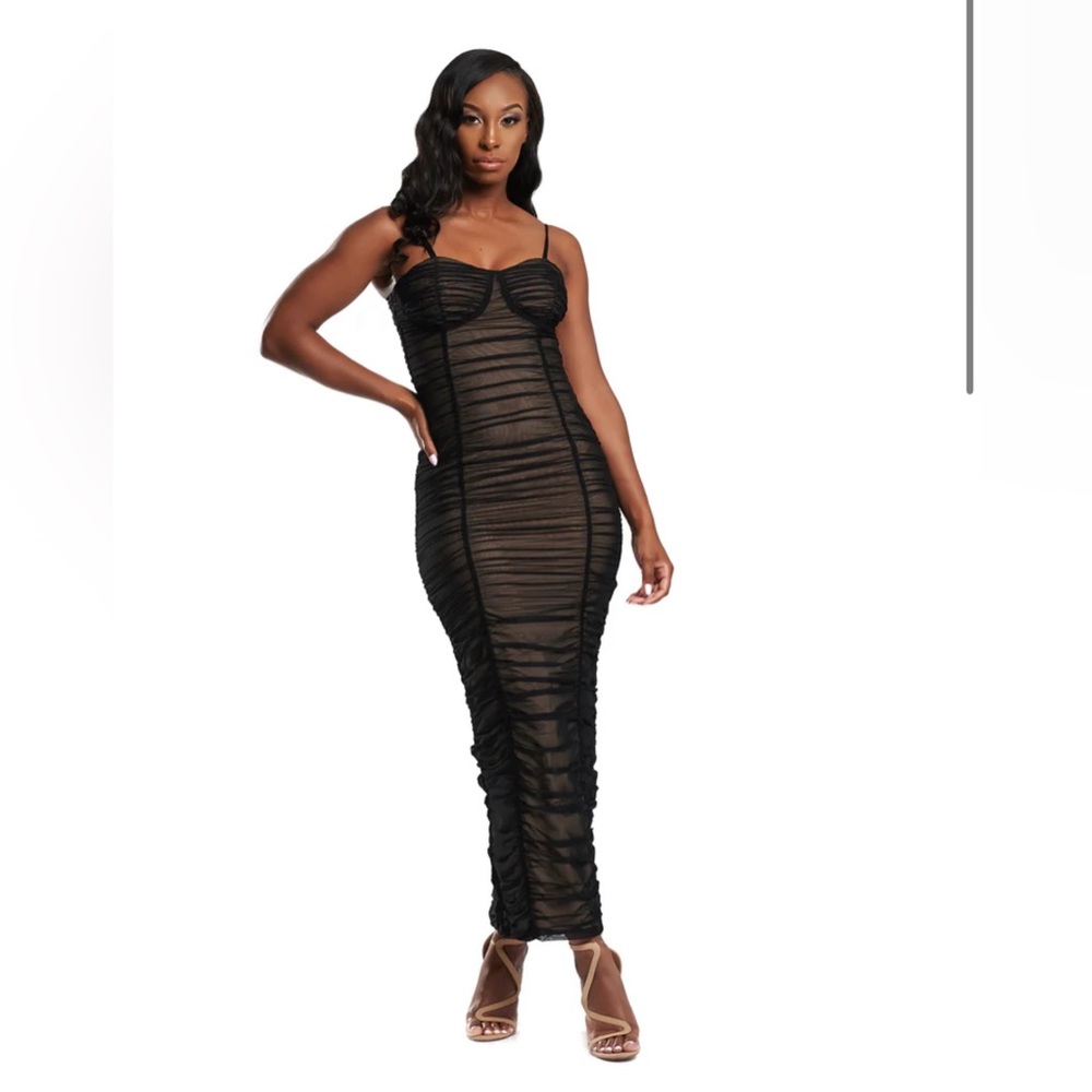 Miss Circle Black & Beige ruched Spaghetti Strap Dress maxi size XS
